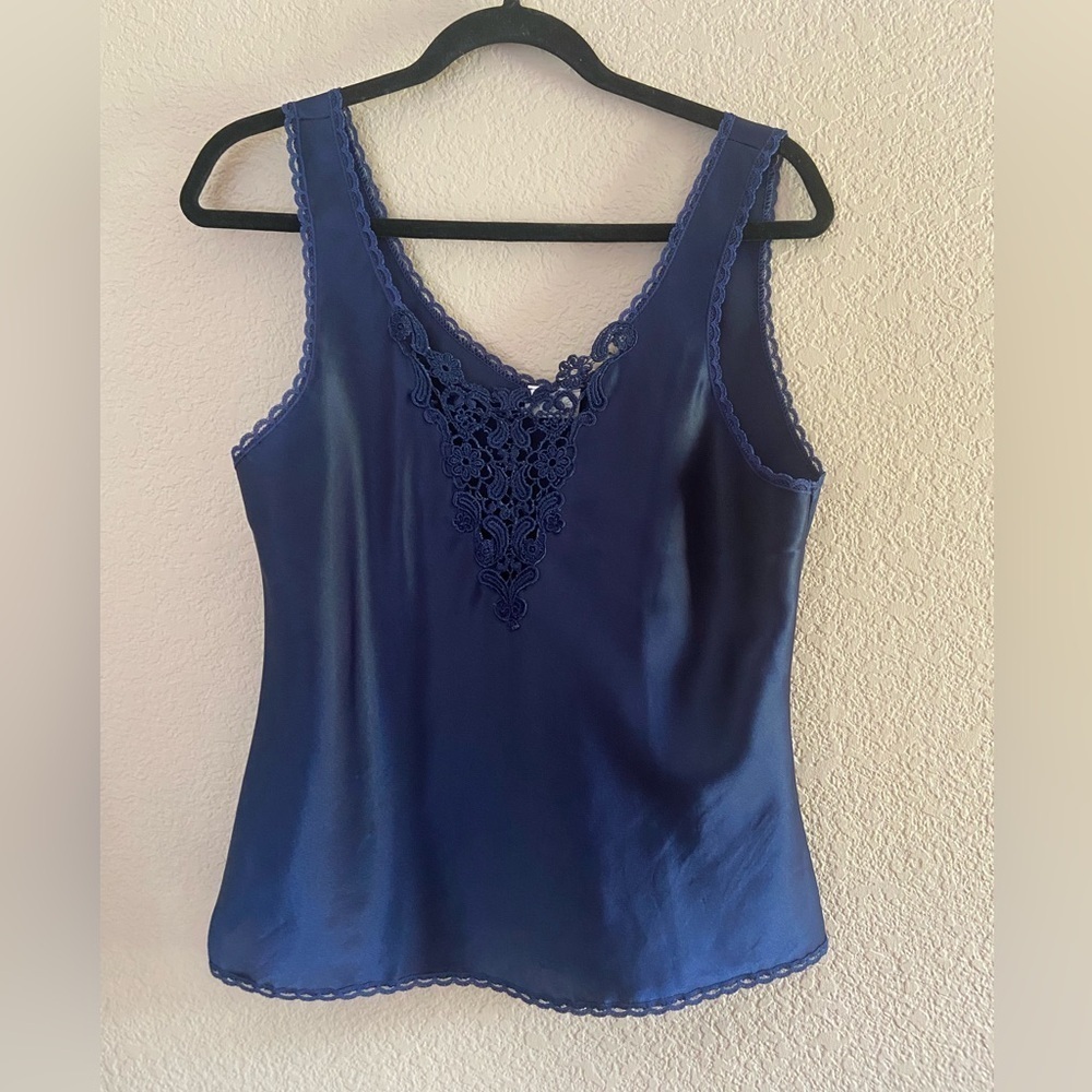 Vintage Navy Blue Satin Camisole Lace Lingerie Cami Sexy Top Sz M USA Dark Fairy